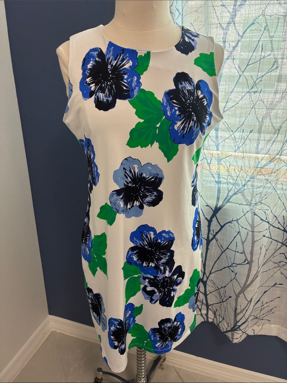 Melly M Sleeveless White Floral Shift Dress with Blue & Green Blooms